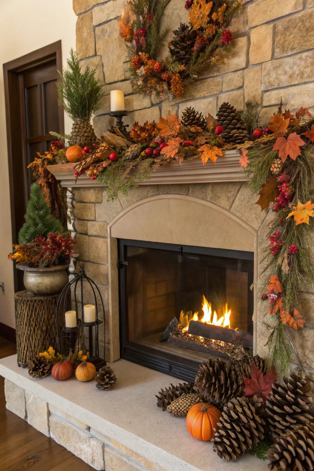 Seasonal decorations surrounding the fireplace commemorate the spirit of the time.