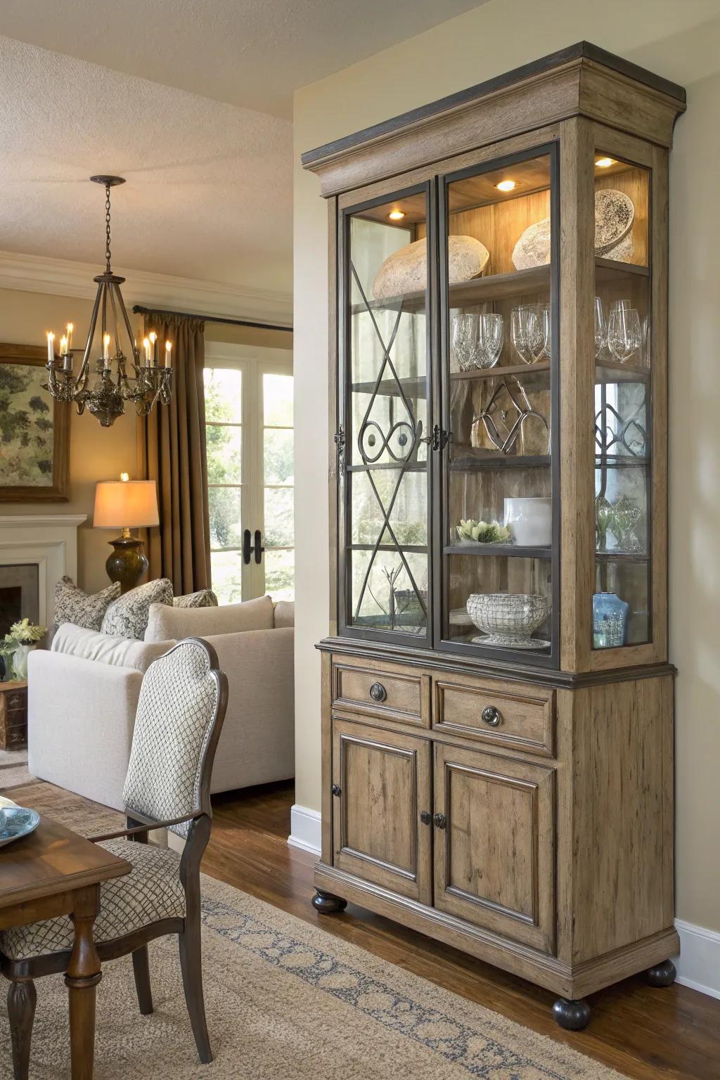 Mixed materials add texture to a china cabinet display.