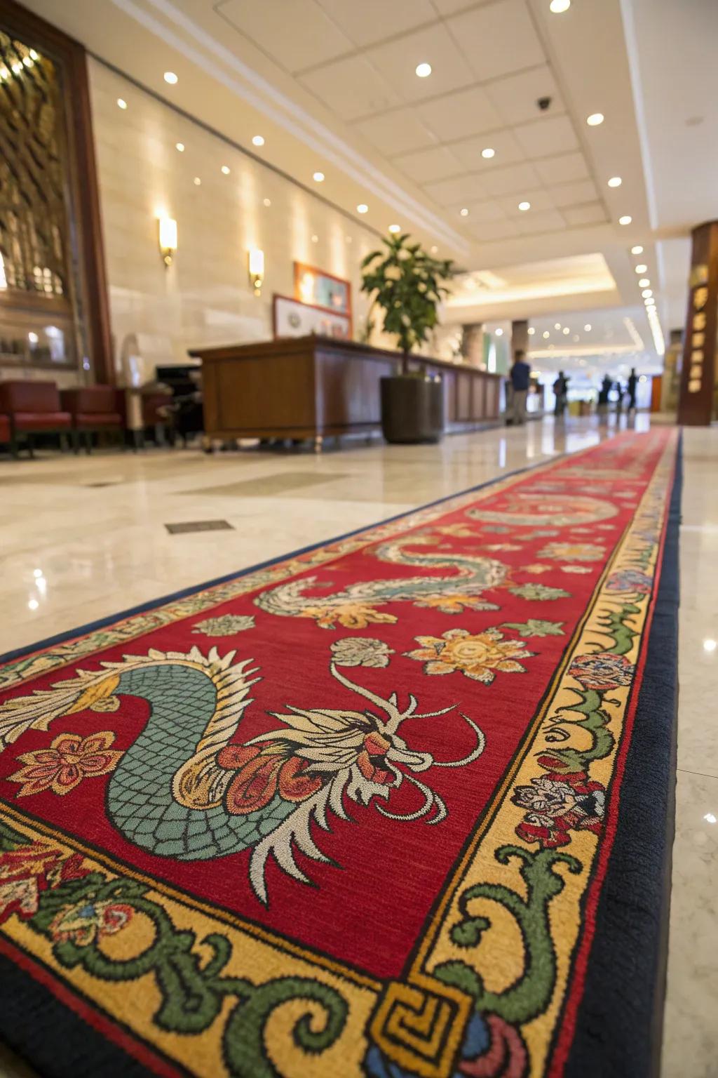 A vibrant floor covering injecting hue and pattern onto the lobby floor.