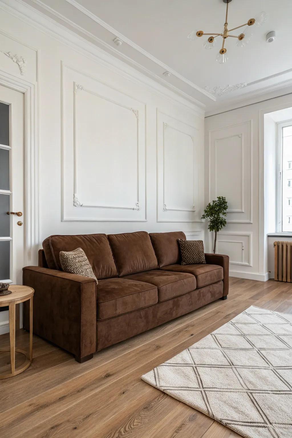 Nordic simplicity meets the dark elegance of a cocoa sofa.