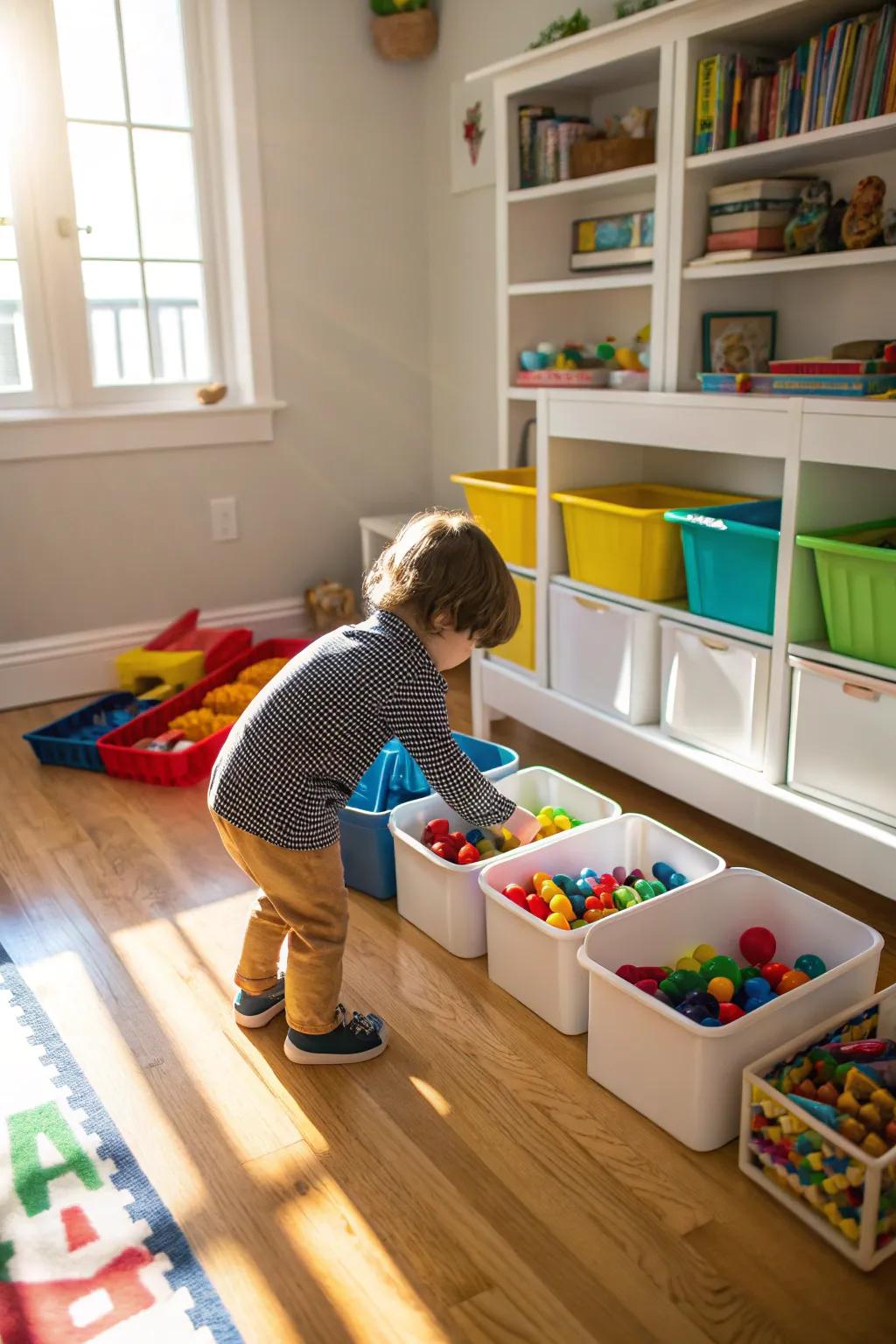 A child tidying their play expanse, acquiring organizational proficiency.