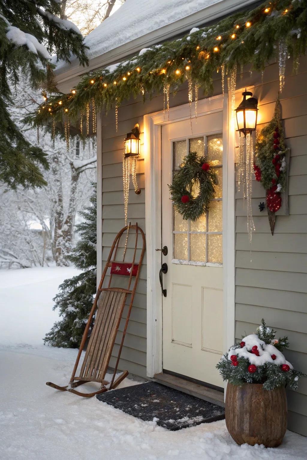 Reminiscent appeal with a vintage sleigh display.