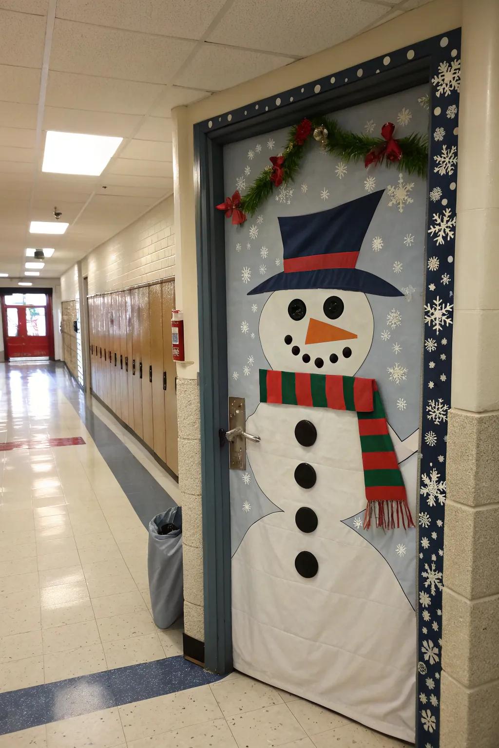 Frosty the Snowman brings cheer to this school door.