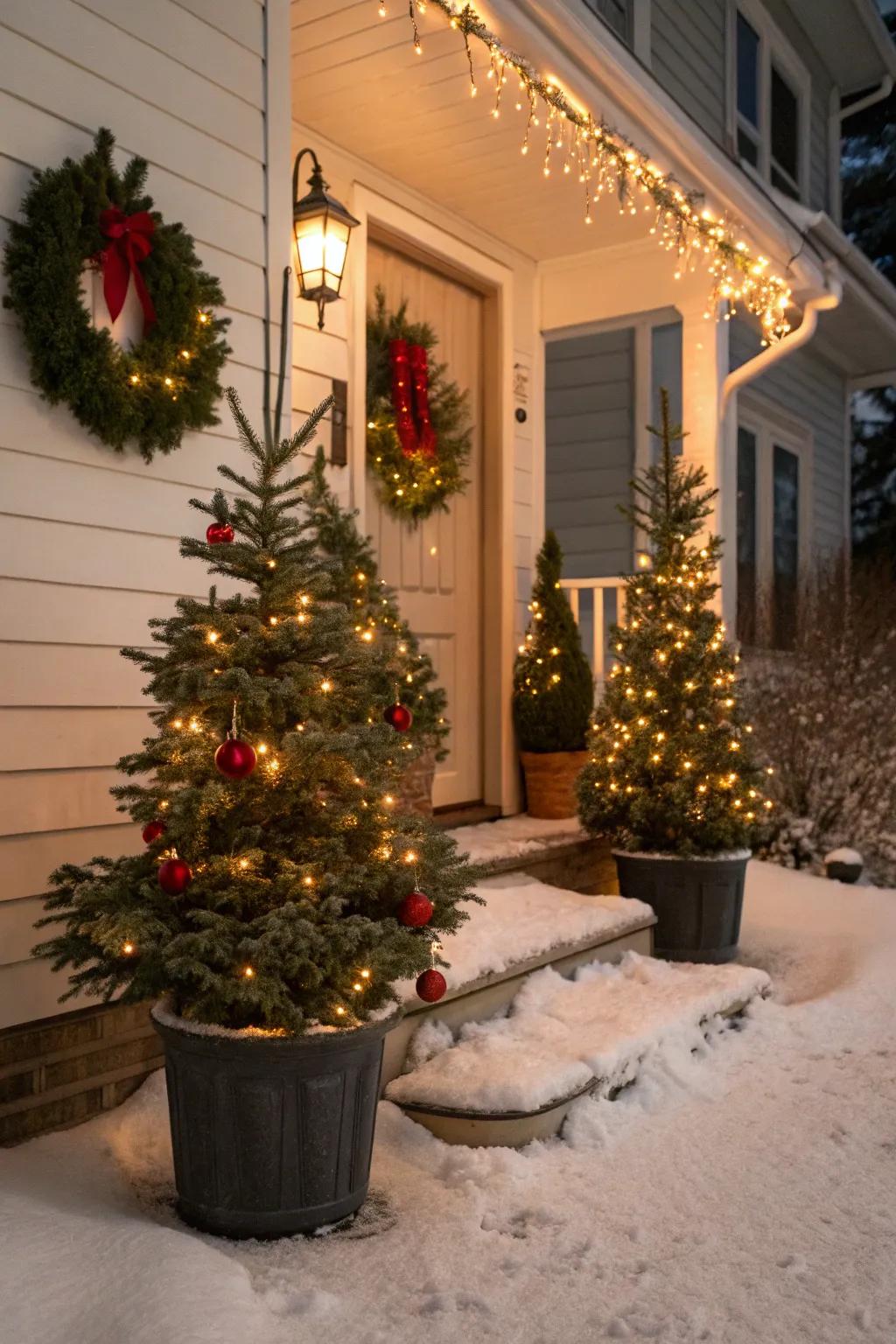 Miniature spruces set up on a porch to create a charming holiday scene.