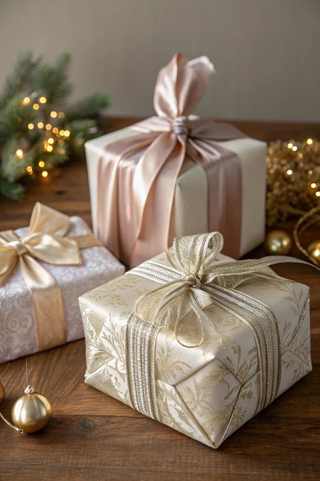 Elegantly wrapped gifts in textile, offering a reusable option.