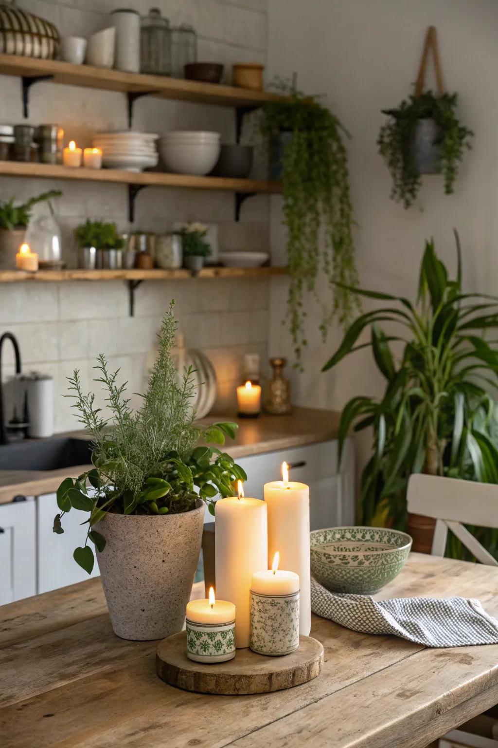 Intimate corners with candles and greenery enrich the festive atmosphere.