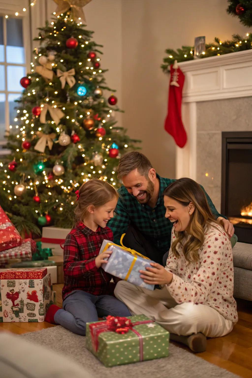 The thrill of Christmas morning captured as a family discovers gifts under the tree.