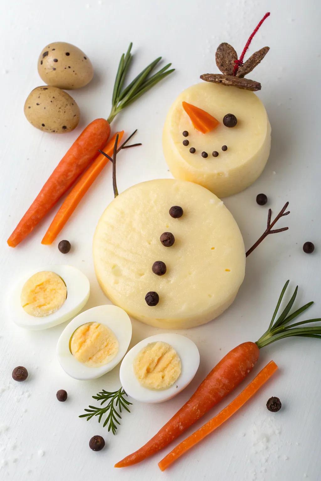 A whimsical snowman crafted from cheese wheels and hard-boiled eggs.