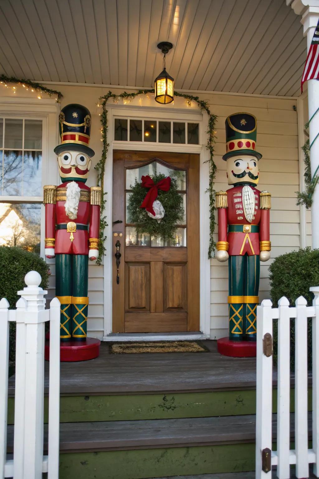 Wooden soldier statues introducing a playful element to the porch entrance.