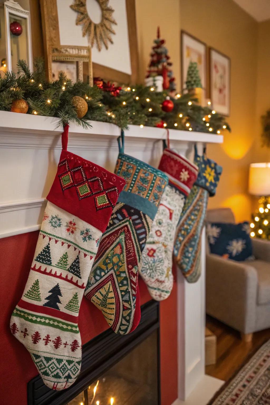 Culturally-stimulated patterns convey a global style to holiday stockings.