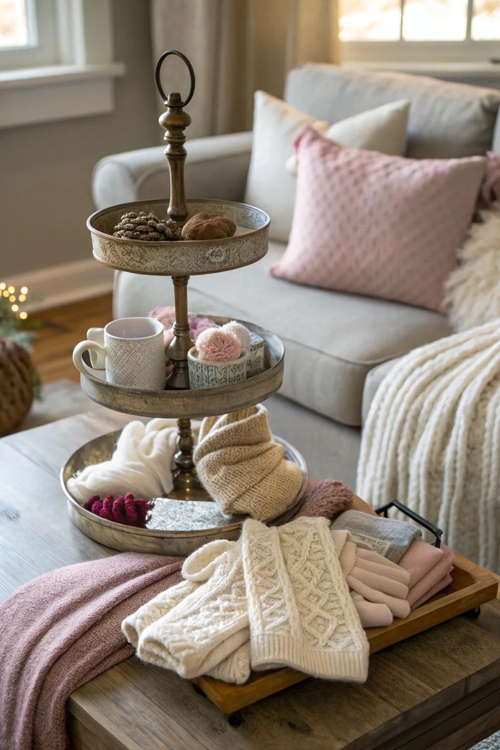 Snug knits and textiles convey warmth to this tiered stand.