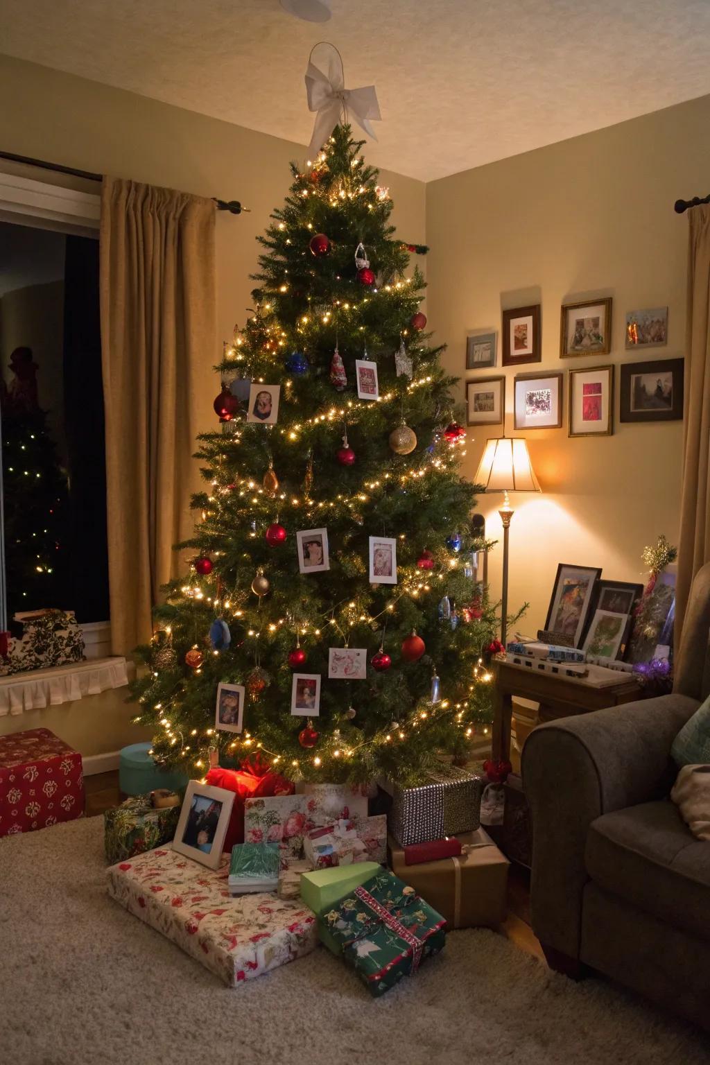 A personalized Christmas tree adorned with mementos and colorful lights, making it a heartwarming holiday centerpiece.