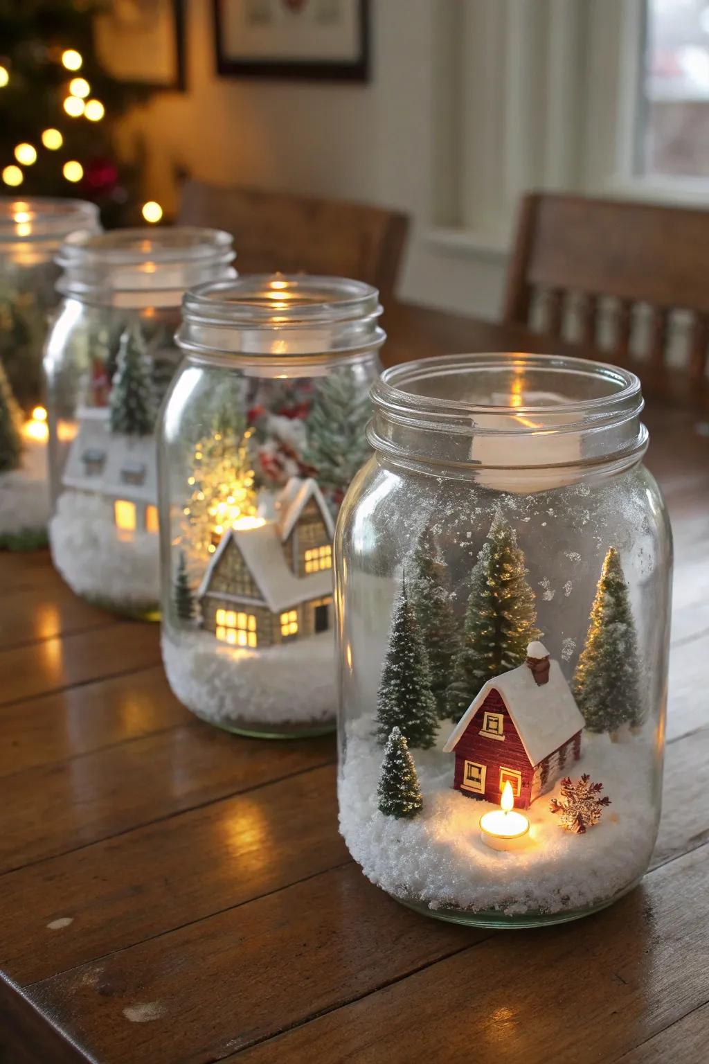 Mason jars hold tiny, enchanting village scenes perfect for gifting.
