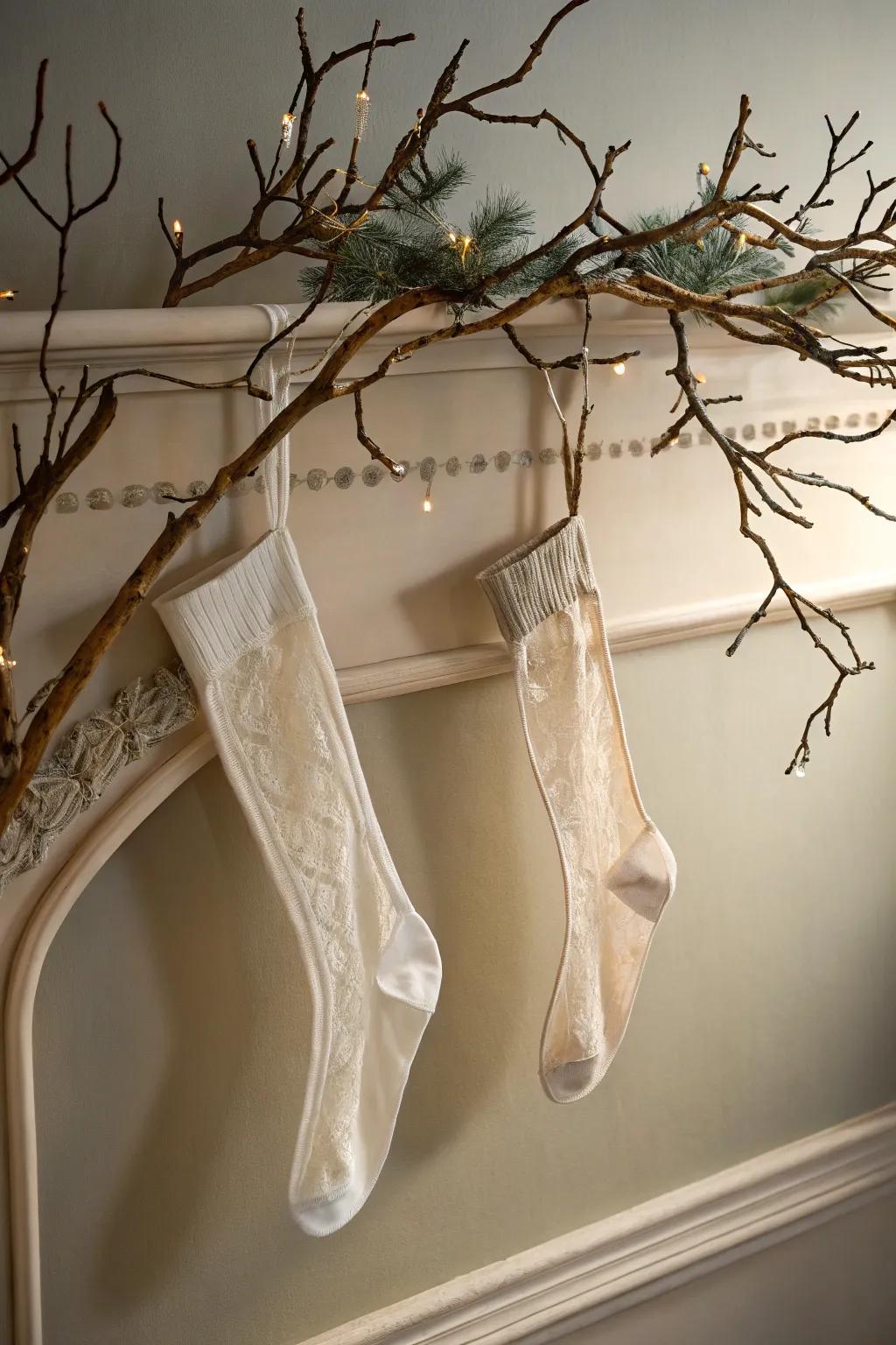 A creative display of stockings adds charm to the wall.