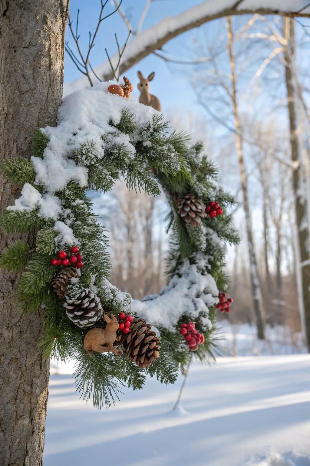 A glacial forest wreath featuring faux snow and charming woodland creatures.
