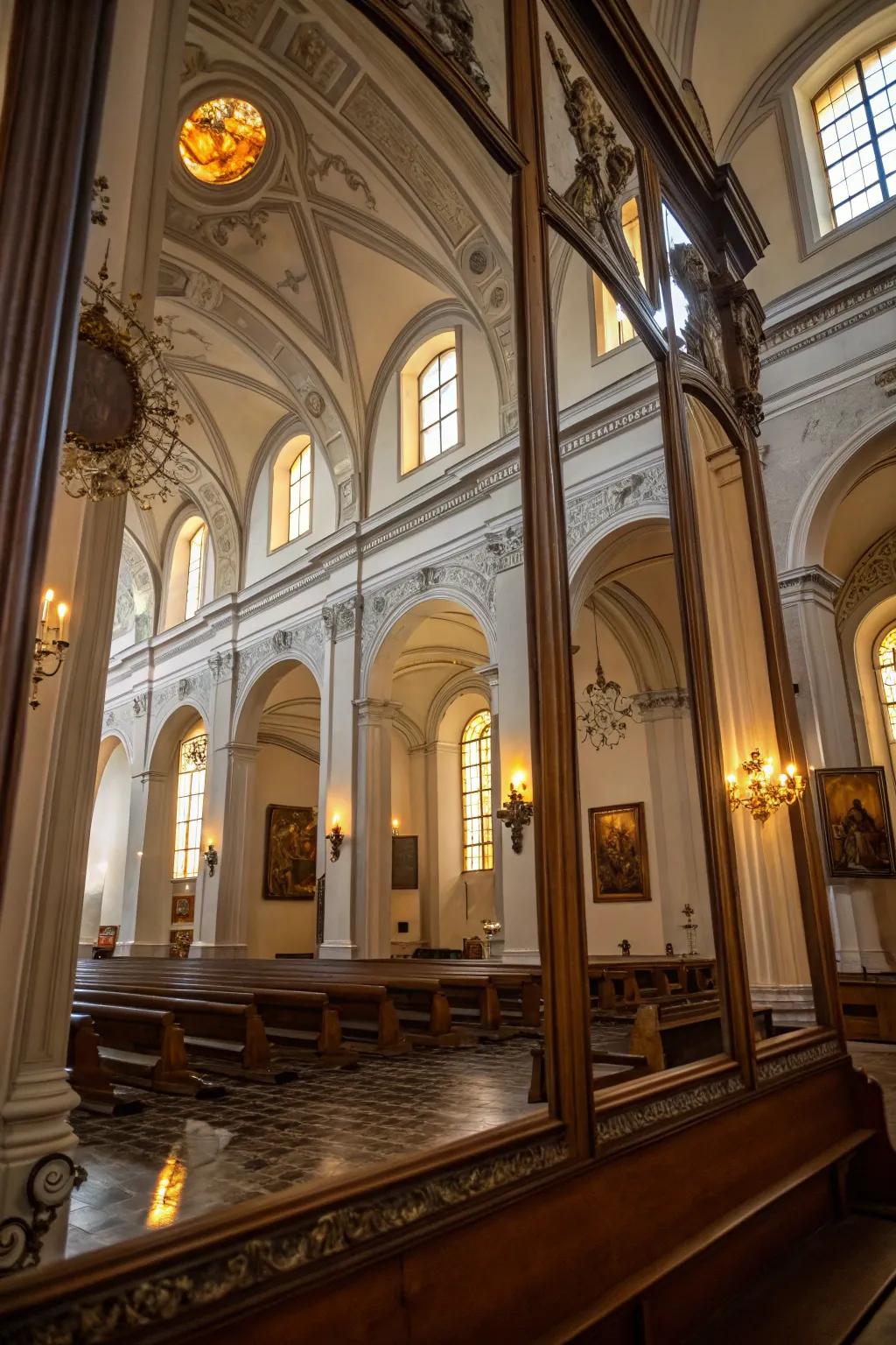 Church interior featuring strategically positioned mirrors.
