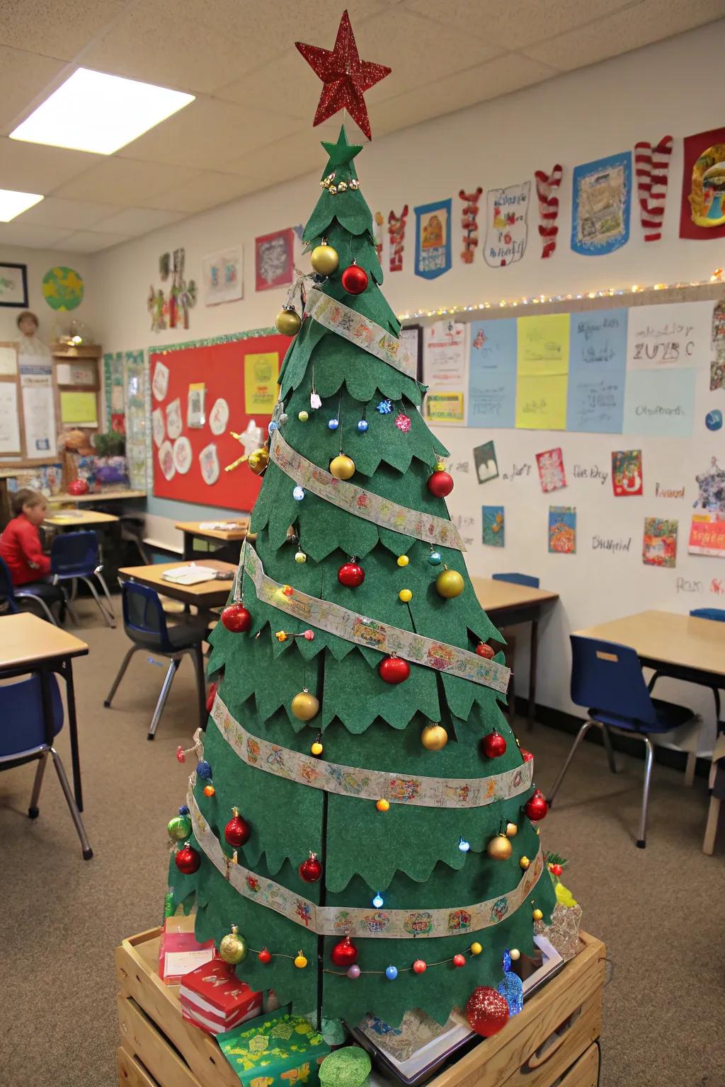 A creative artisan rod Yule tree within a classroom
