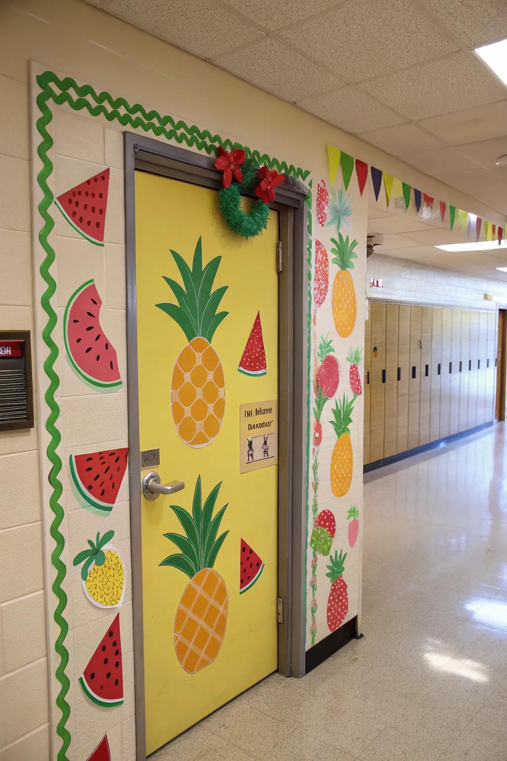 A fruit celebration-themed classroom door featuring colorful fruits.