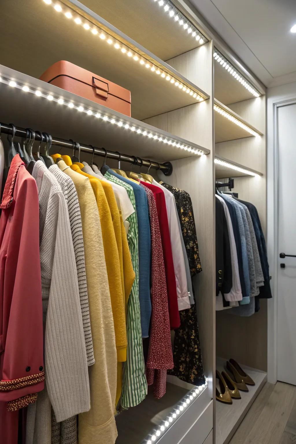 LED-built-in rails add both style and usefulness to closets.