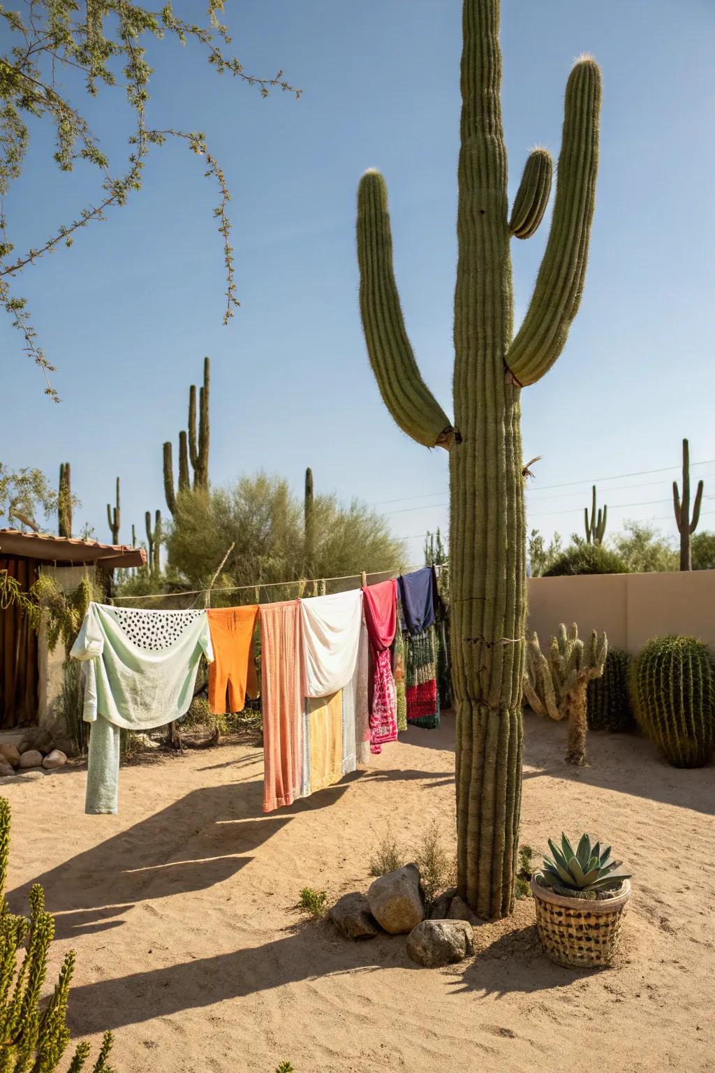 A fun twist: an artistic clothesline designed as a spiky plant.