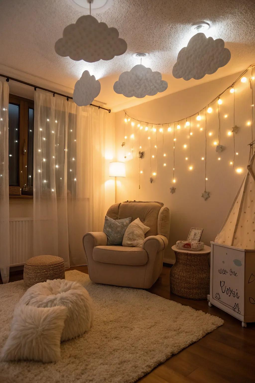 Muted ambient illumination refines the dreamy atmosphere of a cumulus-themed baby shower.