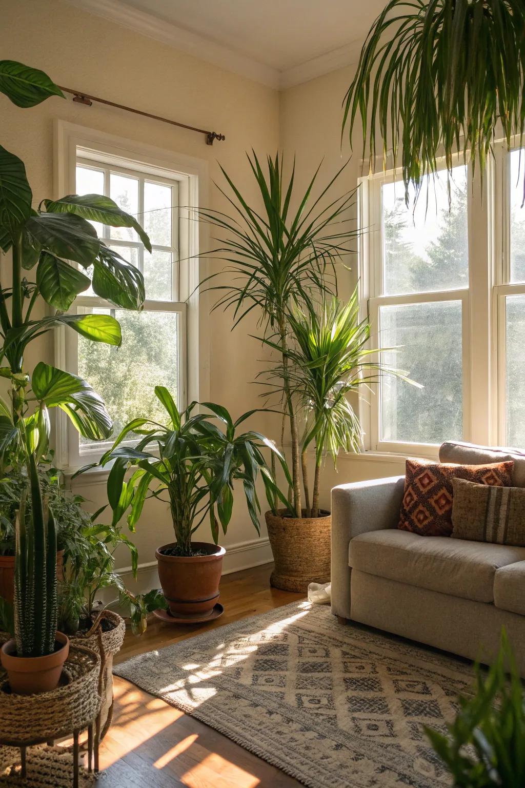 House plants add a lush, tropical touch.