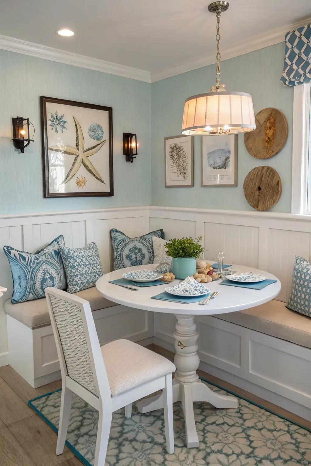 Booth seating creates a cozy corner in the dining space.