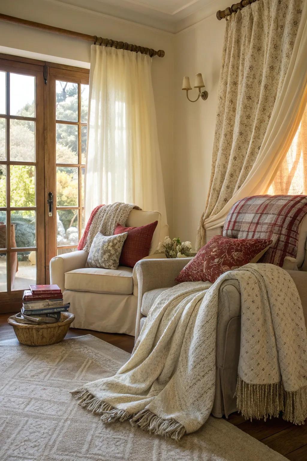 Varied fabrics add depth and comfort to coastal farmhouse decor.