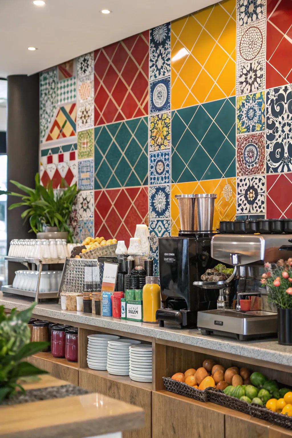A striking backsplash introduces a pop of color.