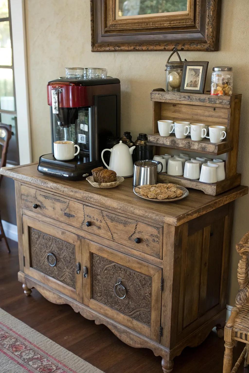 Old furniture adds charm and utility to your coffee bar.