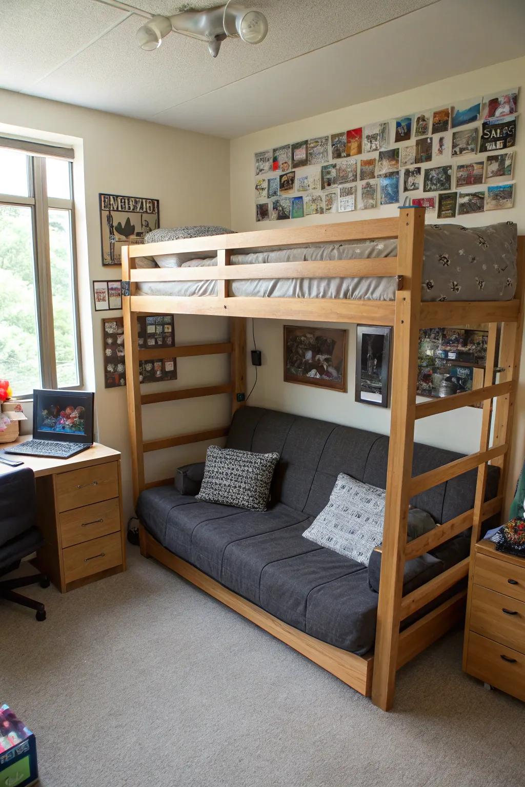 A futon under the raised bed adds seating and sleeping space.