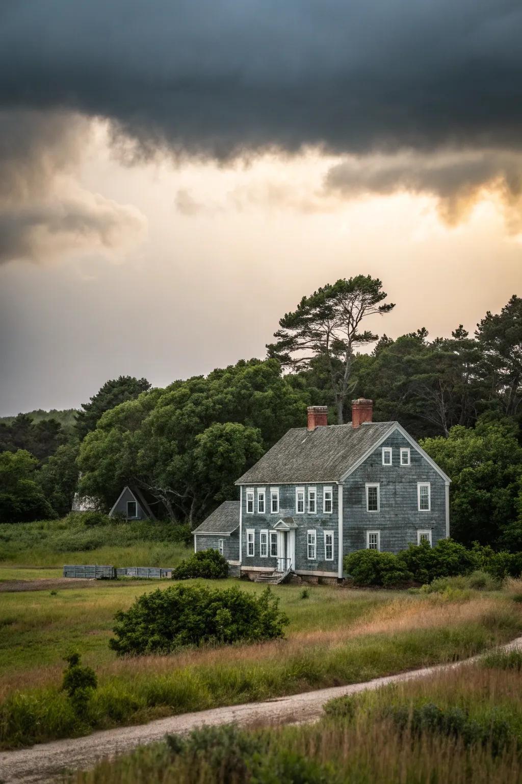 A colonial house with a tempest gray frontage, blending seamlessly with its surroundings.
