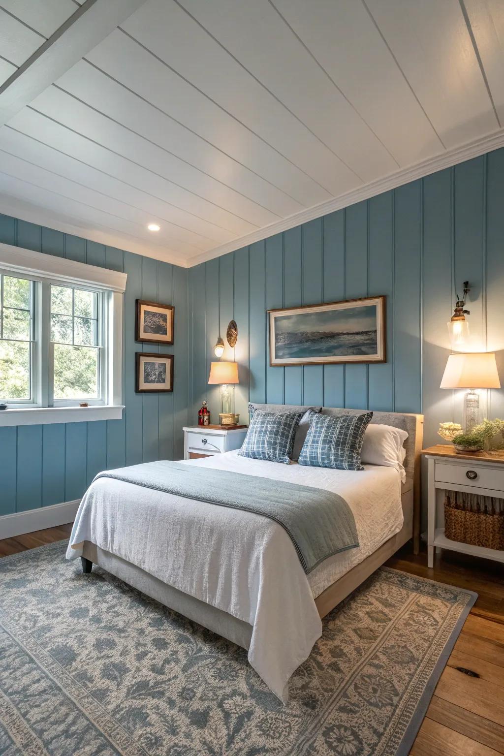 Consistent color from floor to ceiling enhances the spacious feel of this bedroom.