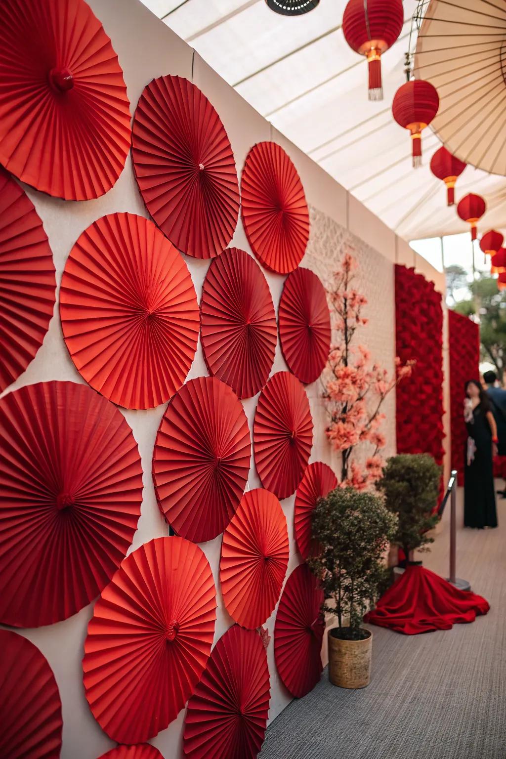 A creative ruby fan wall backdrop for memorable photos.