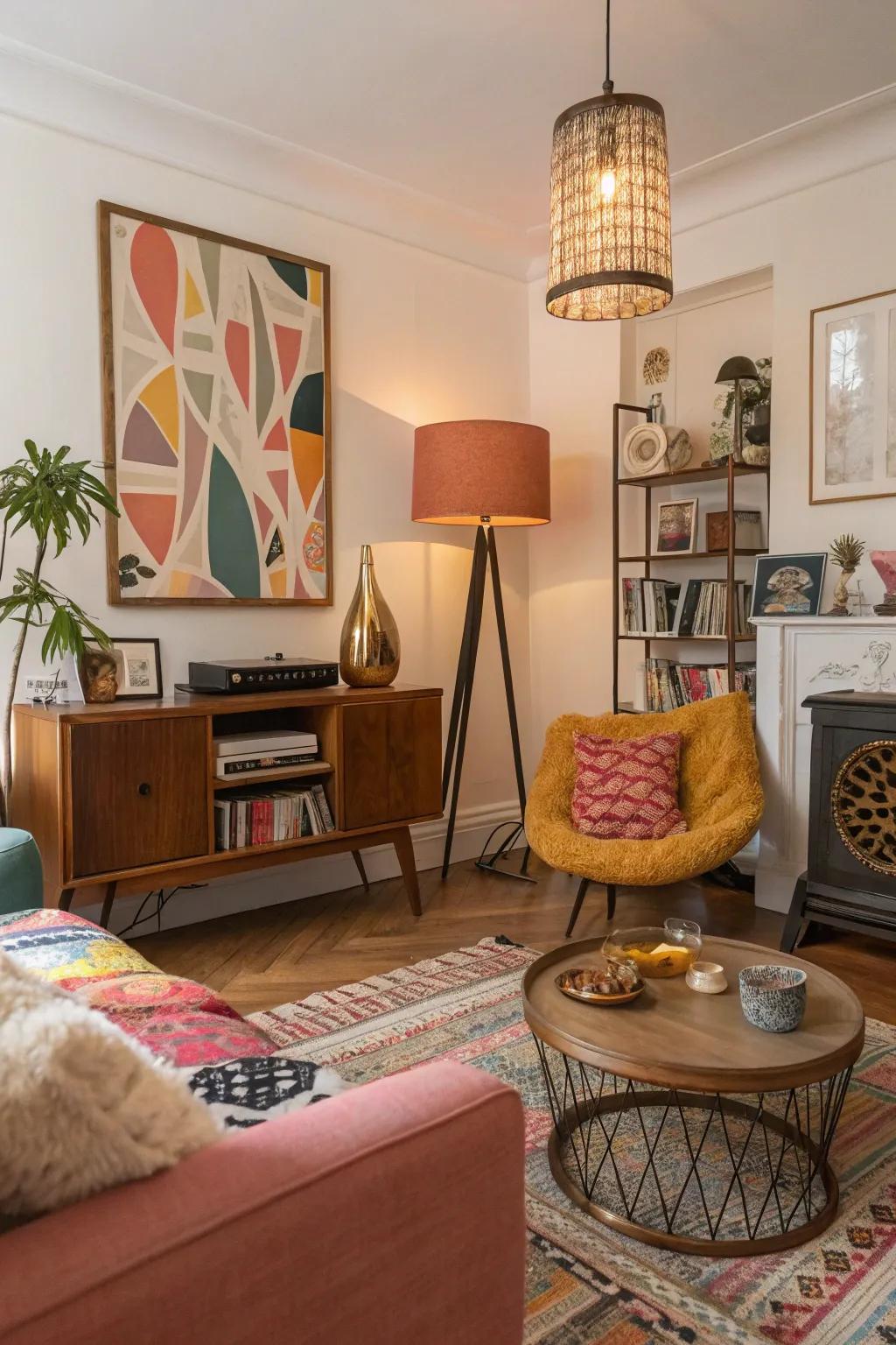 Distinctive accessories craft an eclectic and personal style in this living room.