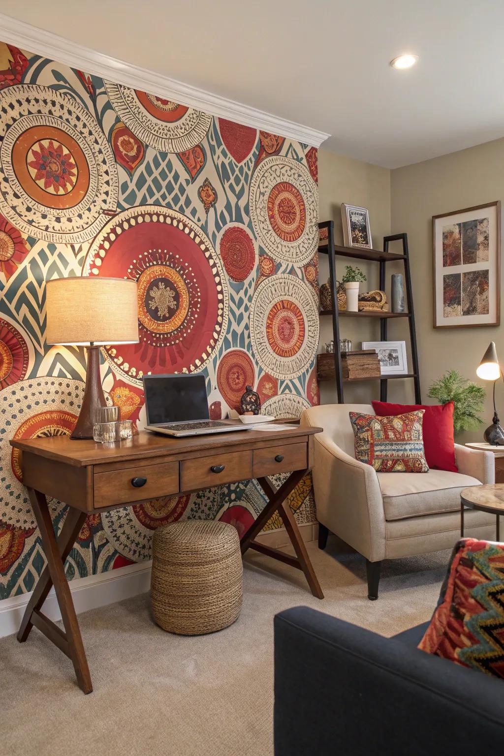 A statement wall enhances the workspace with personality.