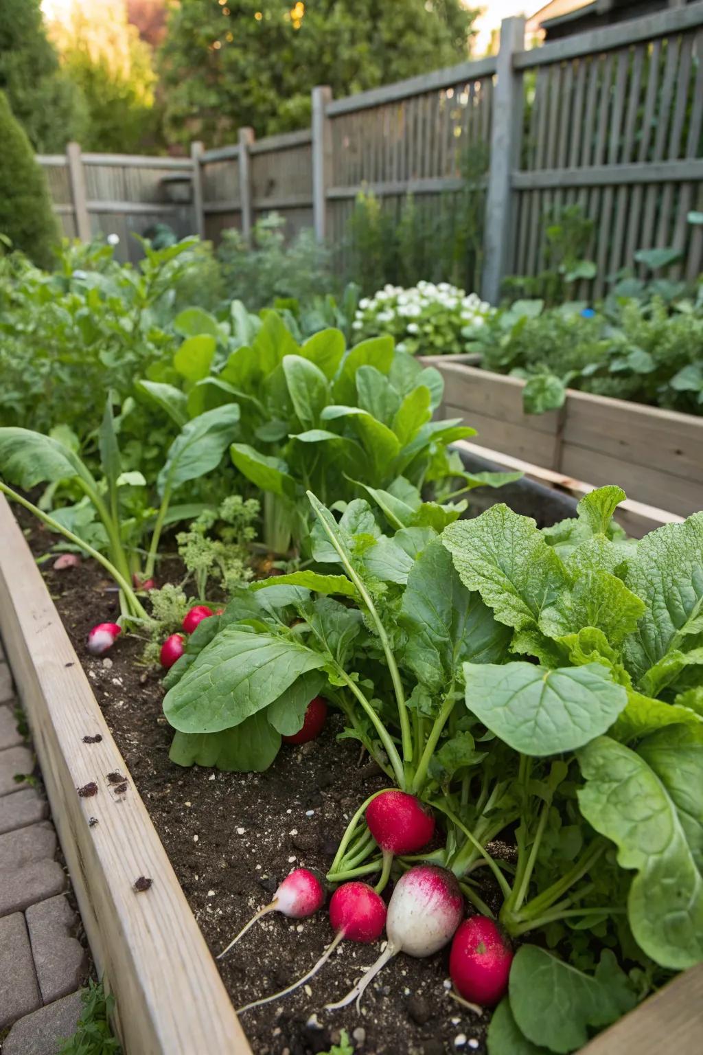 Spicy roots and emerald leaves, a fast-growing pair for early harvesting.
