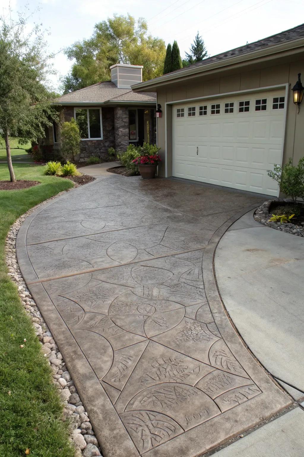 A durable and stylish imprinted concrete entrance enhances this driveway.