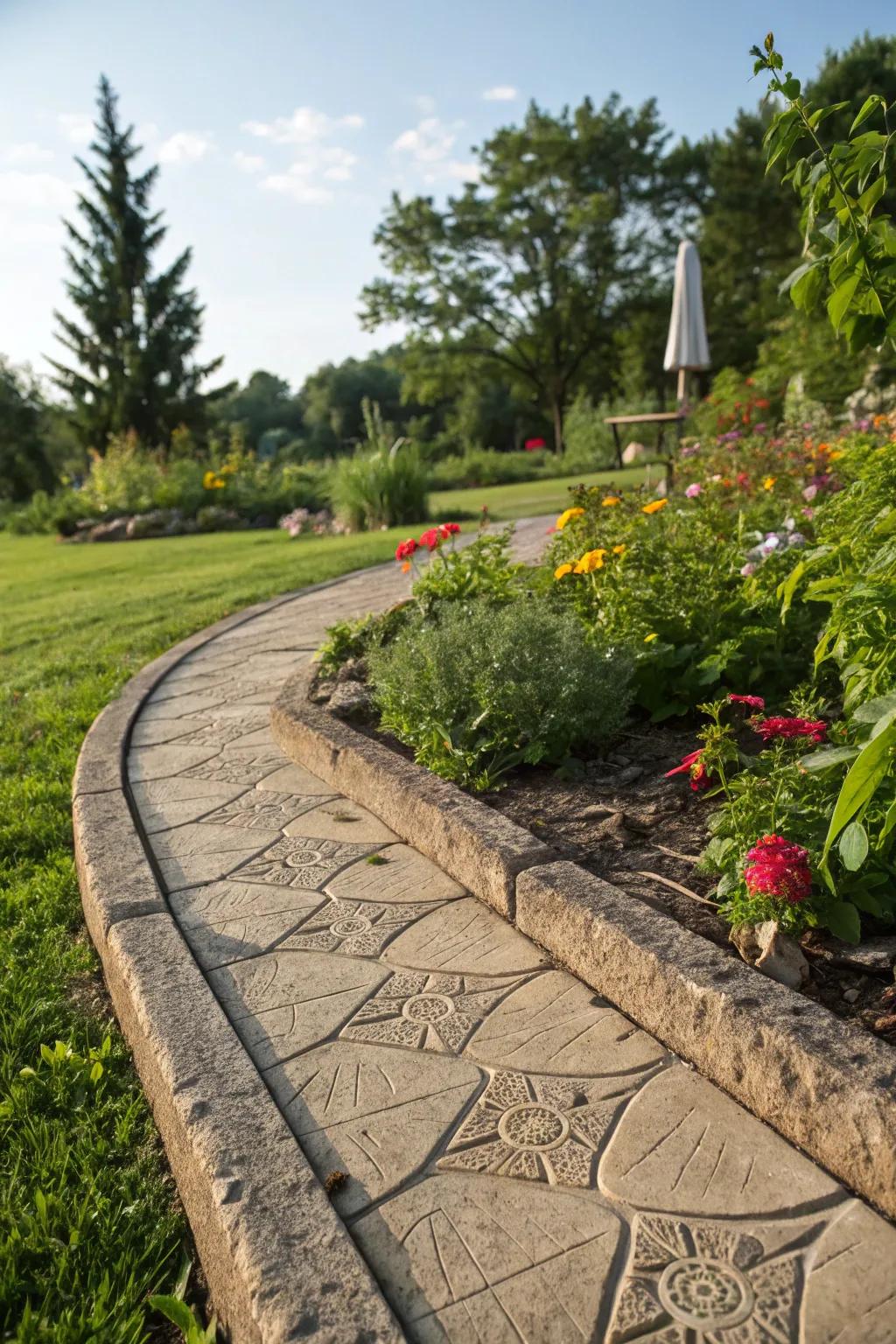 Stamped concrete introduces texture through artistic patterns.