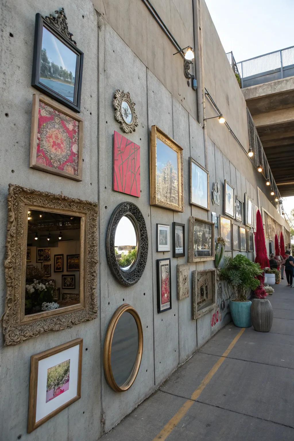 Decorative elements transform exposed walls into artistic displays.