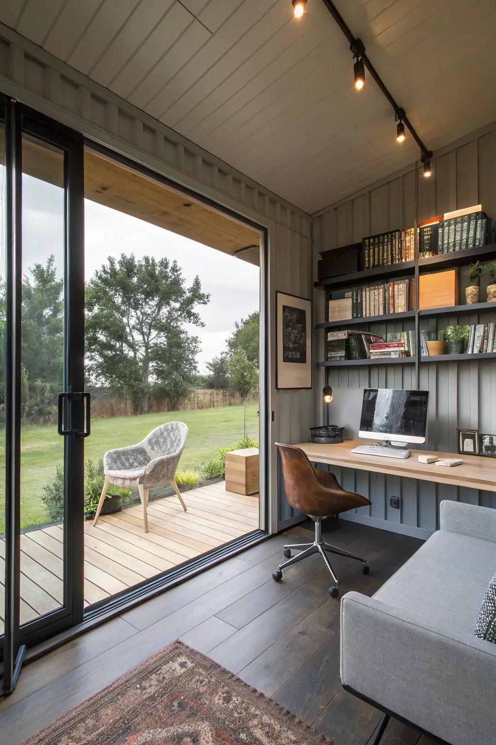 A shipping container setup as an office delivers a tranquil and efficient work atmosphere.