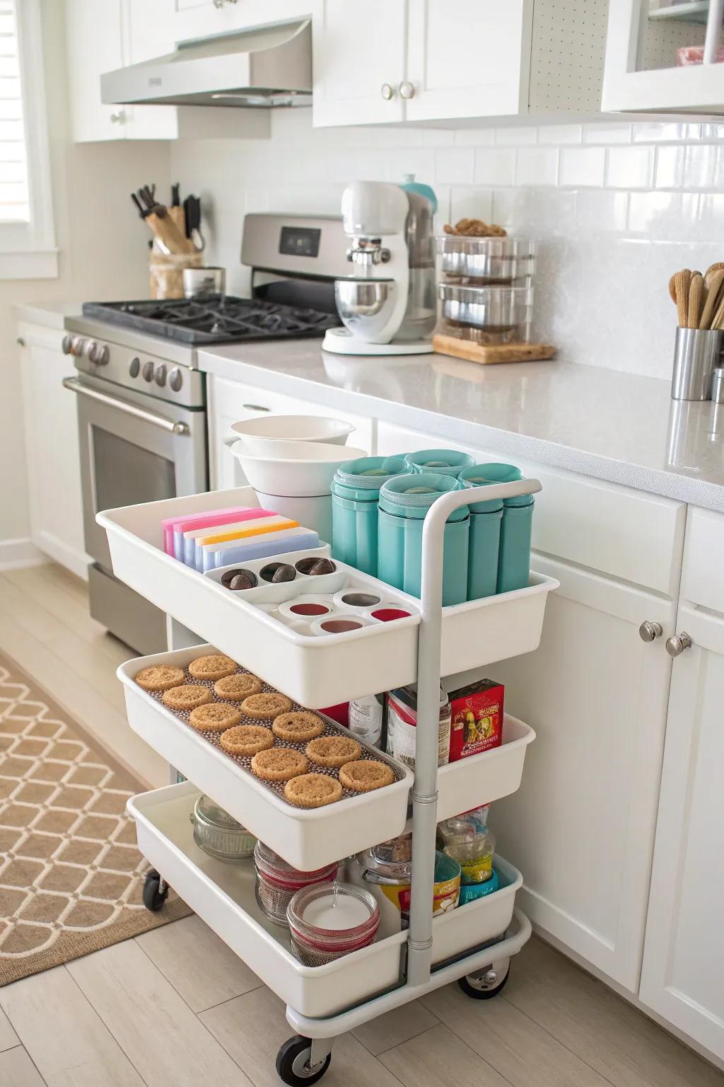 A portable cart functioning as a mobile cookie cutter hub.