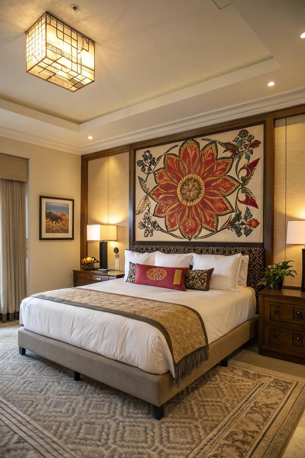 Artistic accents introduce sophistication and visual interest to the sleep space.