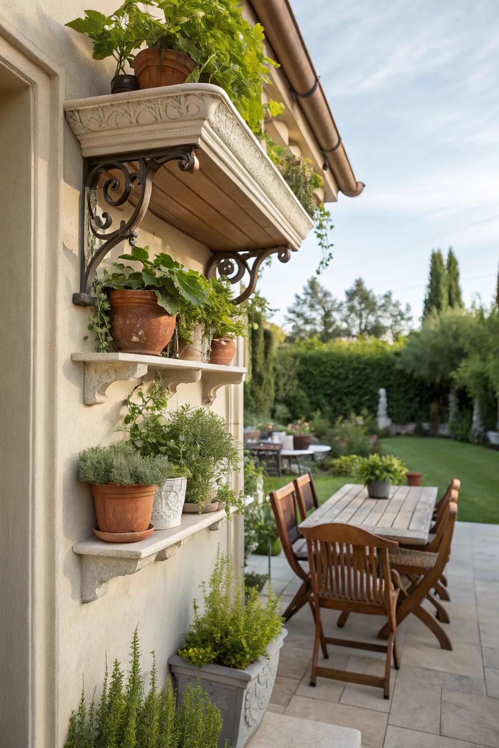 Shelves with supports culminate in an animated presentation of outdoor flora.
