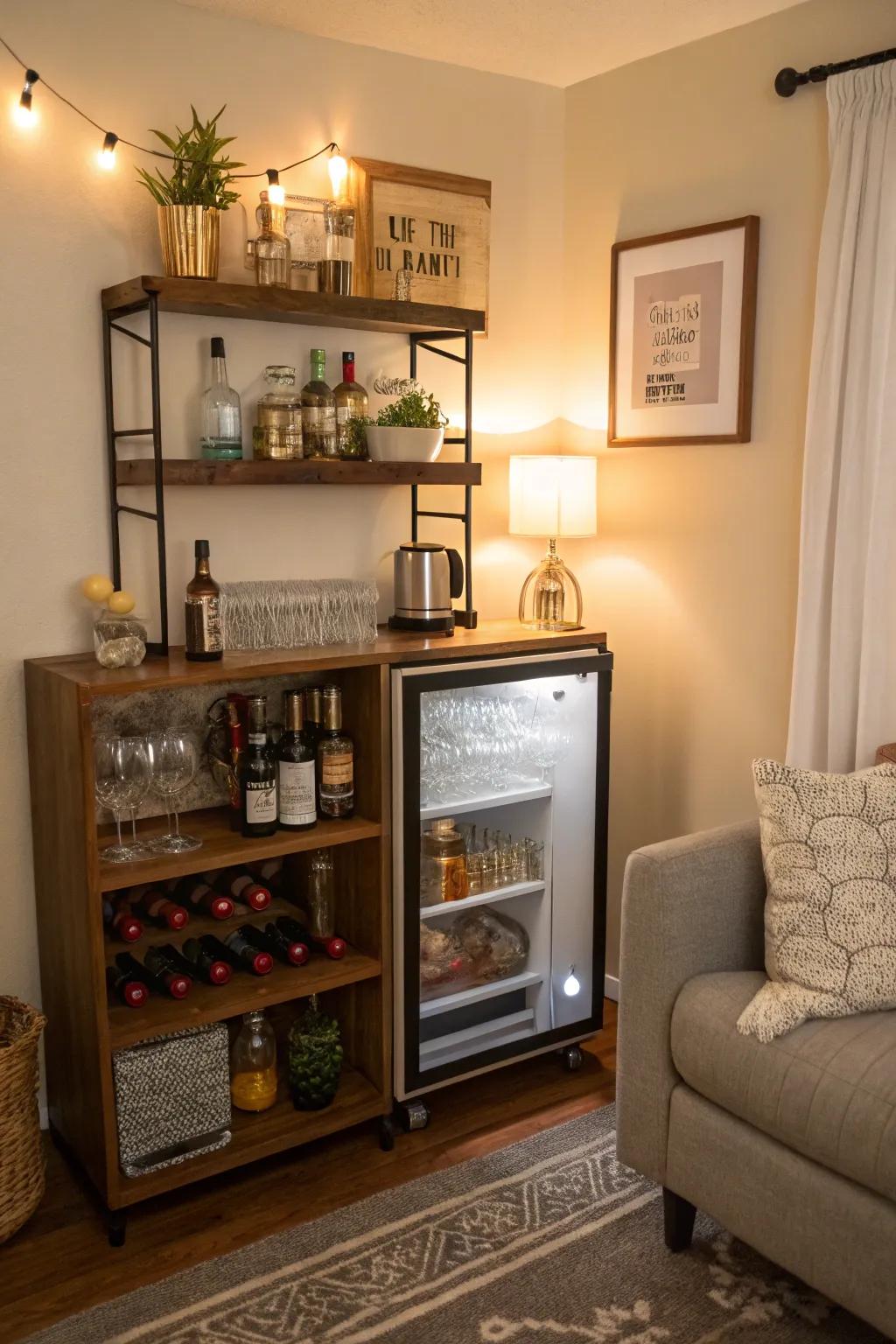 A corner bar adds class and function to the living room.