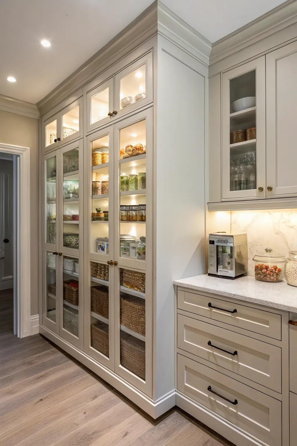 A custom built-in corner pantry blends seamlessly with the kitchen.