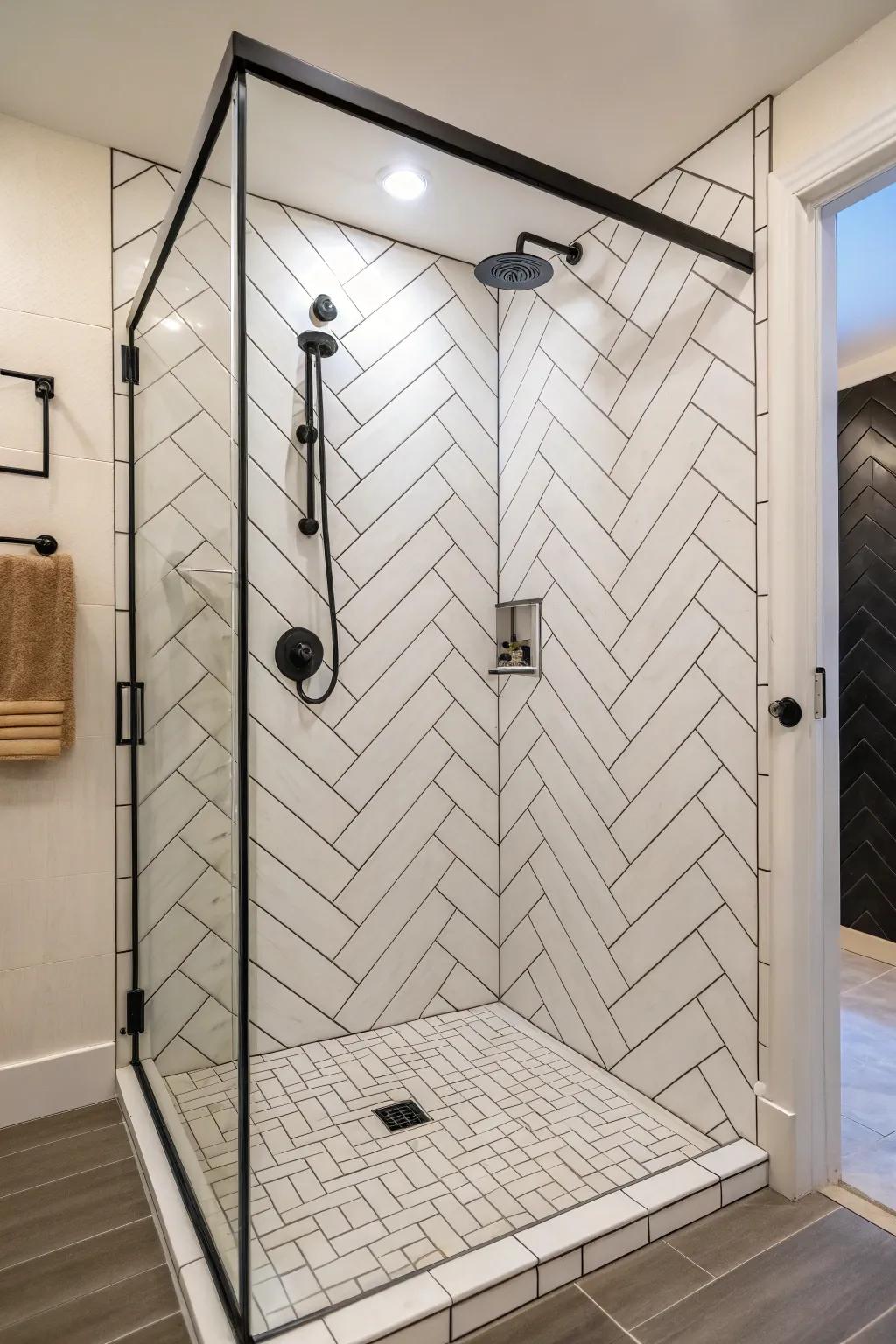 Diagonal tile layouts append dynamic motion to your shower.