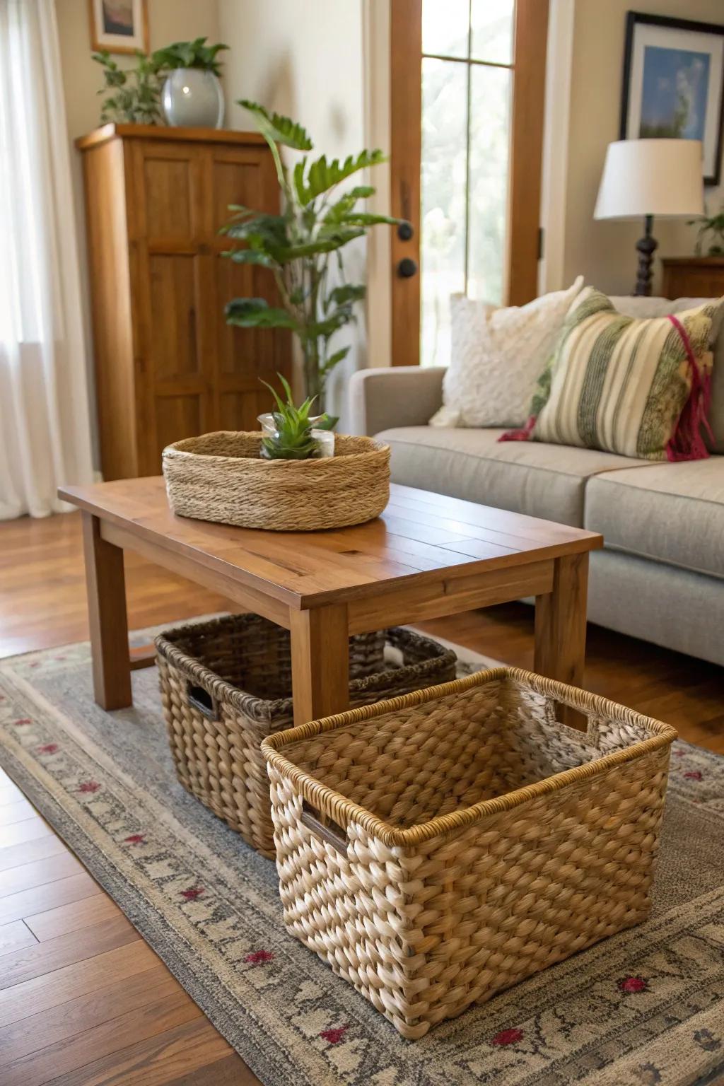 Woven baskets provide fashionable and practical storage solutions.