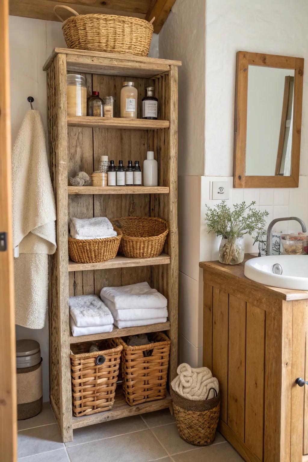 Open shelves and baskets provide practical and stylish storage.