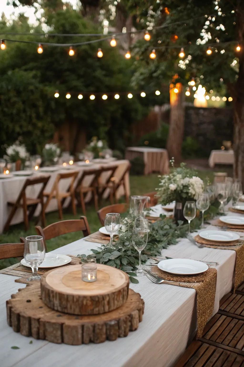 Unpolished wedding tables featuring timber ornamentation and understated glassware.